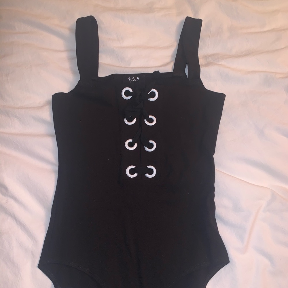 Black body suit with tie detail